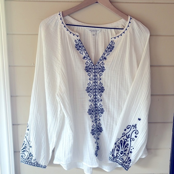 Liverpool Tops - Liverpool Embroidered Off White/Blue Tunic Size L